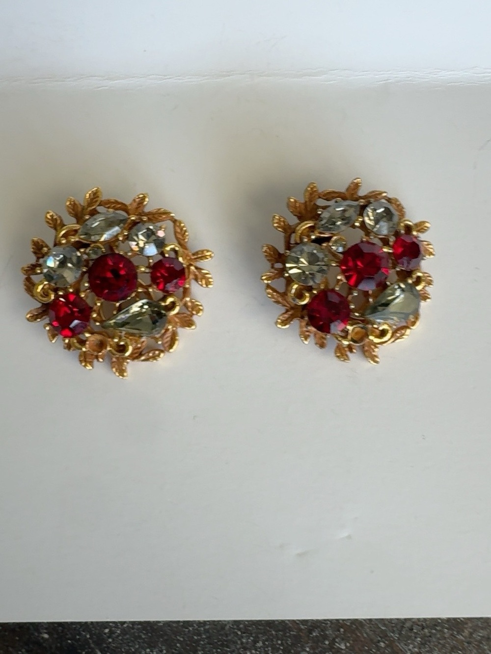 Vintage CORO Red & Gray Rhinestone Floral Clip On Earrings Gold Tone Signed